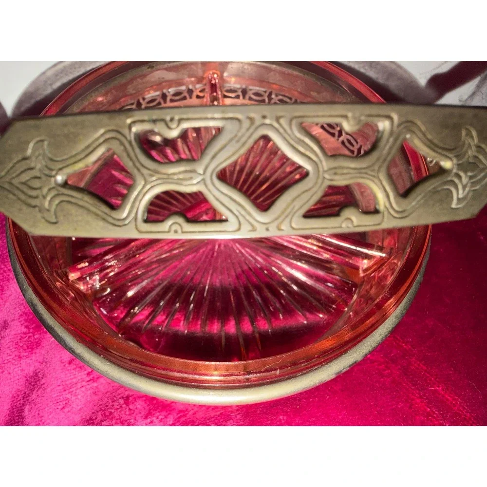 Vintage 1930s Pink Depression Glass 3 Part Divided Dish in Ornate Metal Basket